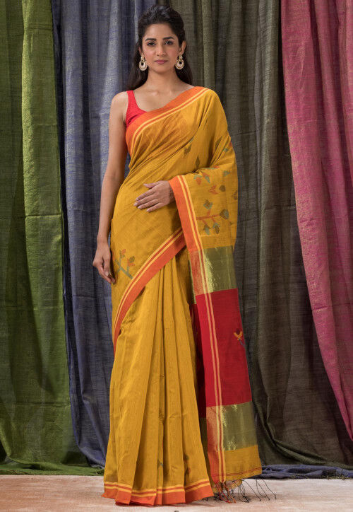 Jamdani Cotton Silk Saree in Yellow
