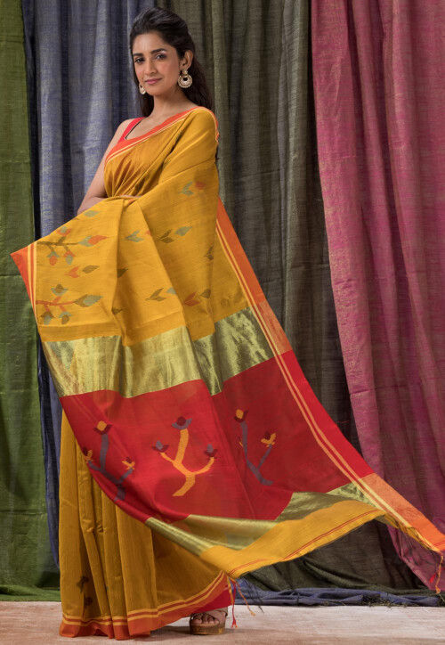 Jamdani Cotton Silk Saree in Yellow