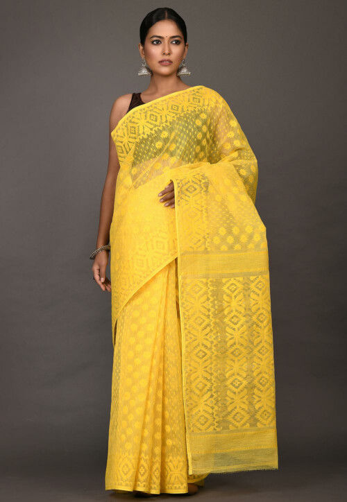 Jamdani Cotton Silk Saree in Yellow