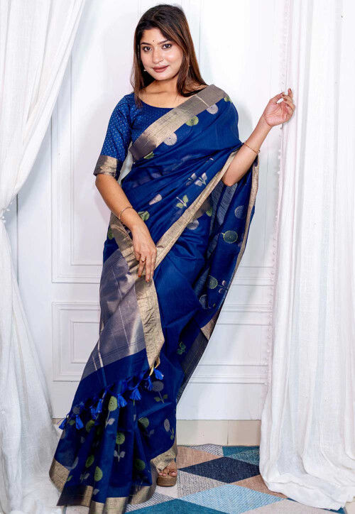 Jamdani Linen Cotton Saree in Blue