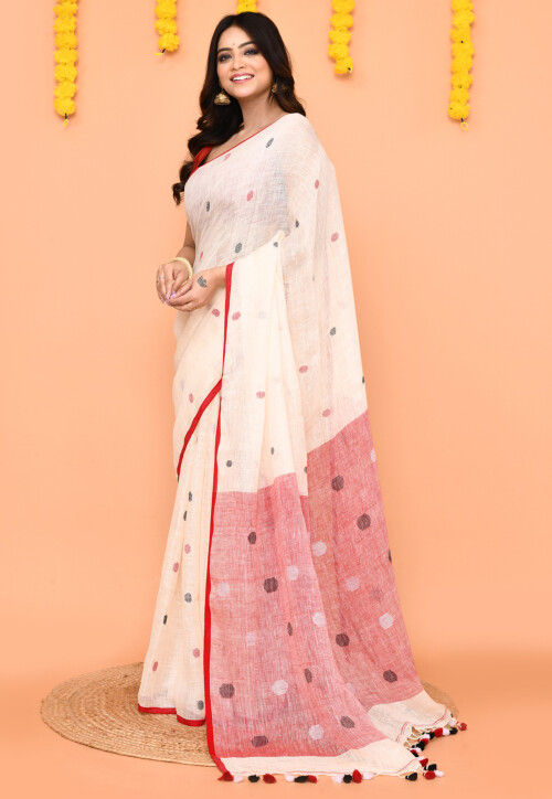 Jamdani Linen Cotton Saree in Off White