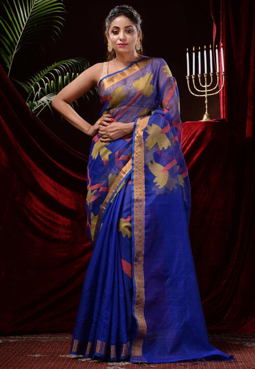 Exclusive Brocade Matka Tussar Silk Saree with Jamdani Pallu in Royal –  Bengal Looms India