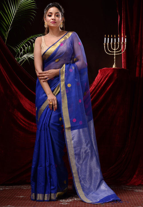 Woodentant women's cotton silk dhakai jamdani saree without blouse piece_ Royal  Blue