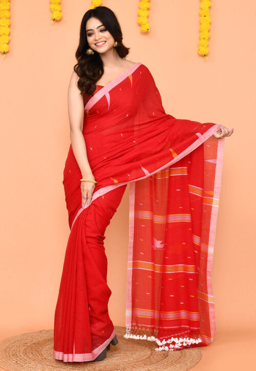 Jamdani Mul Cotton Saree in Red
