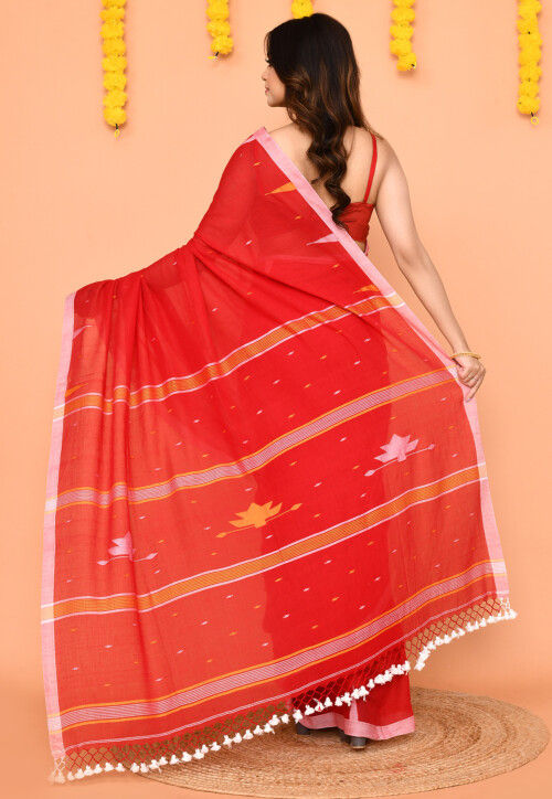 Jamdani Mul Cotton Saree in Red
