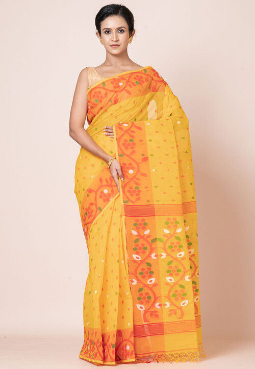 Jamdani Pure Cotton Saree in Dark Yellow