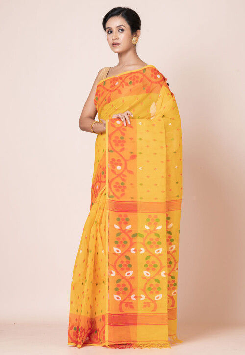 Jamdani Pure Cotton Saree in Dark Yellow