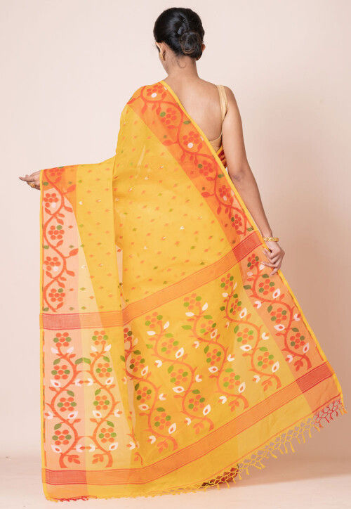 Jamdani Pure Cotton Saree in Dark Yellow