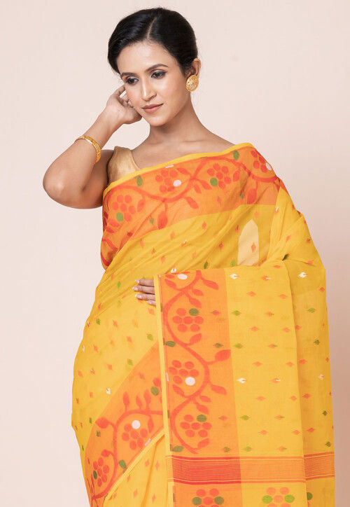 Jamdani Pure Cotton Saree in Dark Yellow