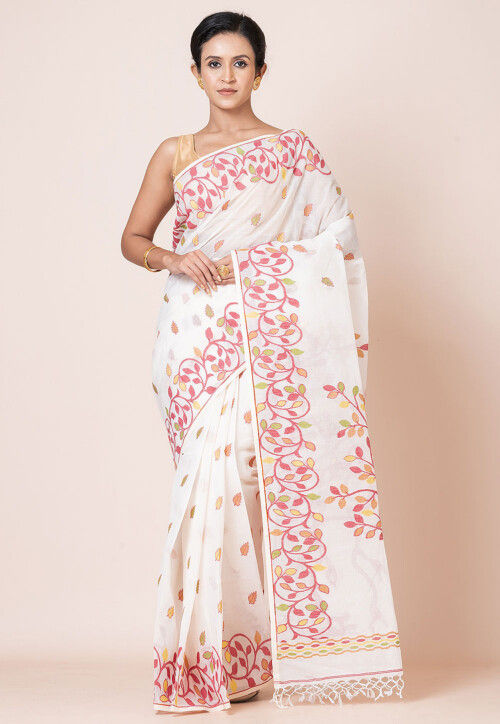 Jamdani Pure Cotton Saree in Off White