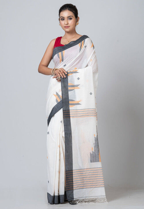 Jamdani Pure Cotton Saree in Off White