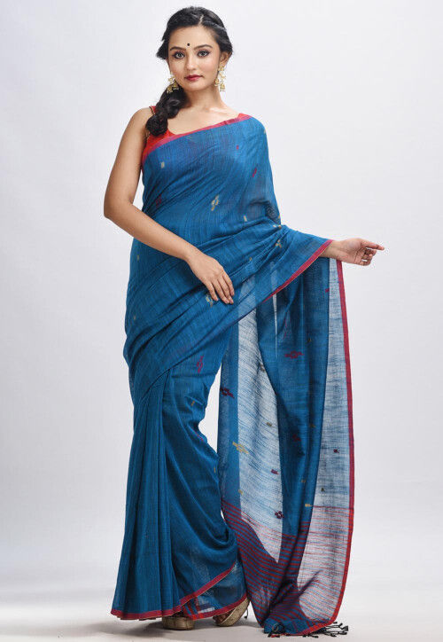Jamdani Pure Cotton Saree in Teal Blue