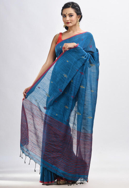 Jamdani Pure Cotton Saree in Teal Blue