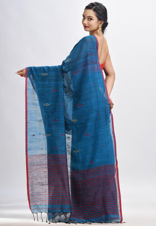 Jamdani Pure Cotton Saree in Teal Blue