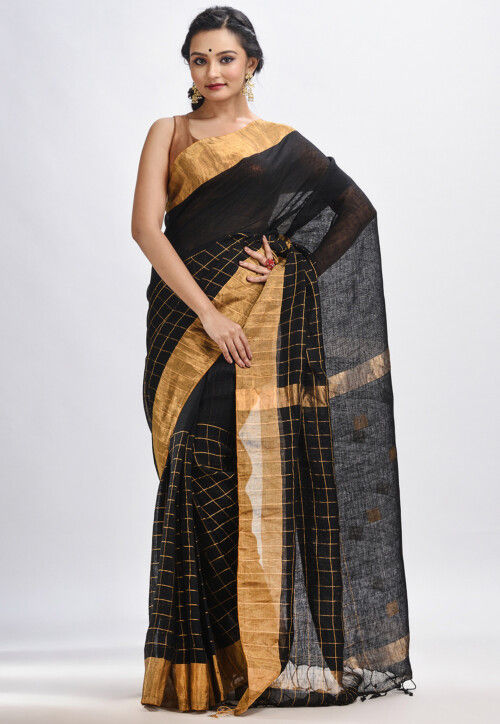 Jamdani Pure Linen Saree in Black