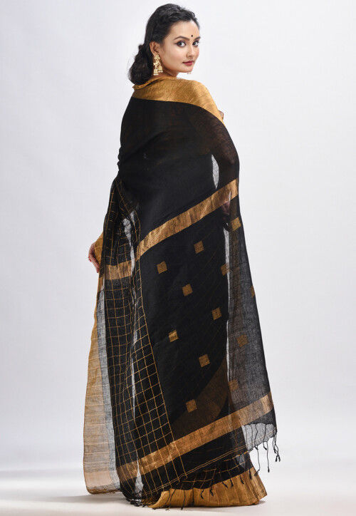 Jamdani Pure Linen Saree in Black