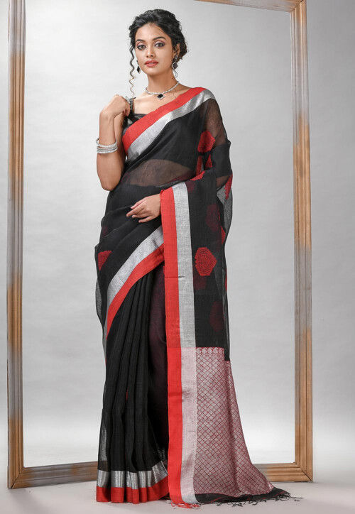 Jamdani Pure Linen Saree in Black