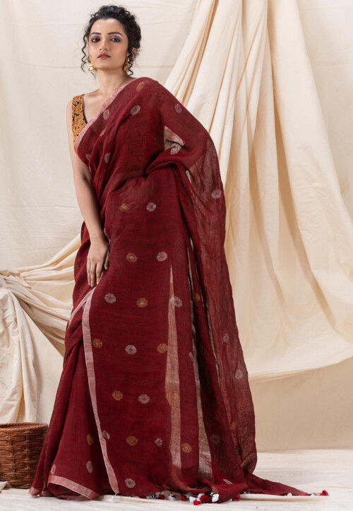 Jamdani Pure Linen Saree in Maroon