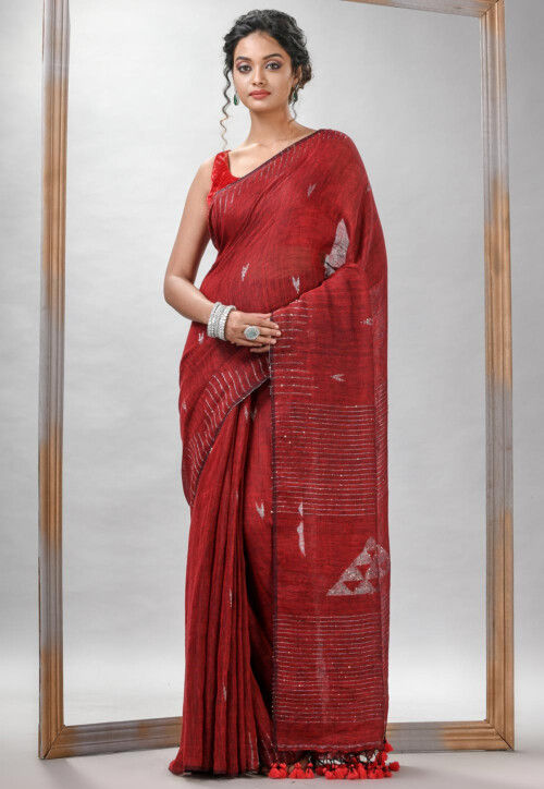 Jamdani Pure Linen Saree in Red