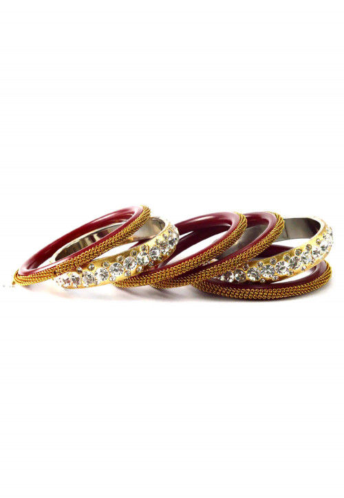 Stone Studded Bangle Set in Maroon and Golden