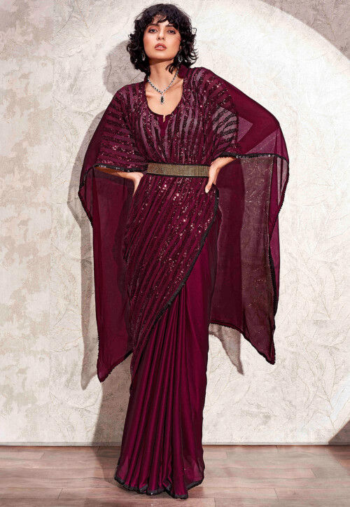 Kaftan Style Polyester Saree in Magenta