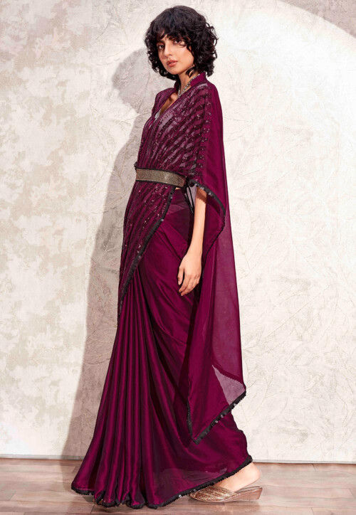 Kaftan Style Polyester Saree in Magenta