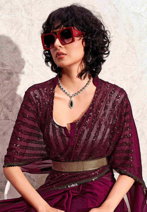 Kaftan Style Polyester Saree in Magenta