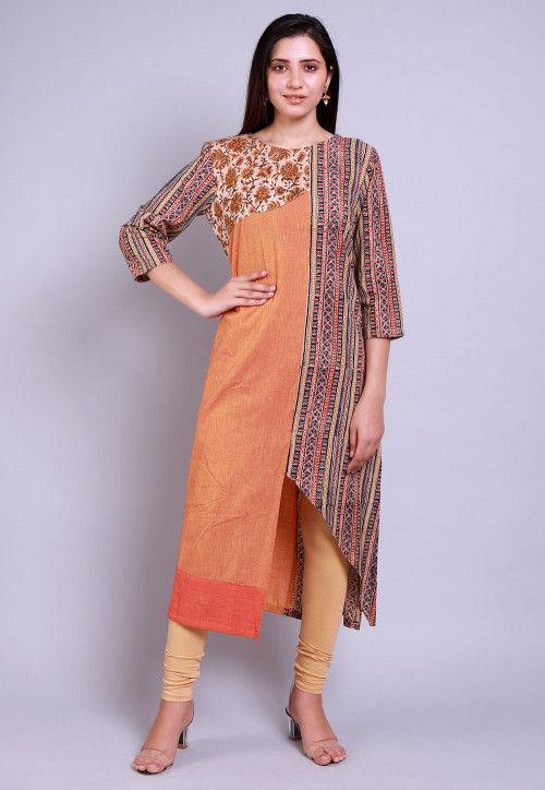 Kalamkari Printed cotton Asymmetric Kurta in Multicolor