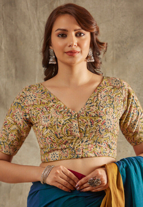 Kalamkari Printed Cotton Blouse in Light Green
