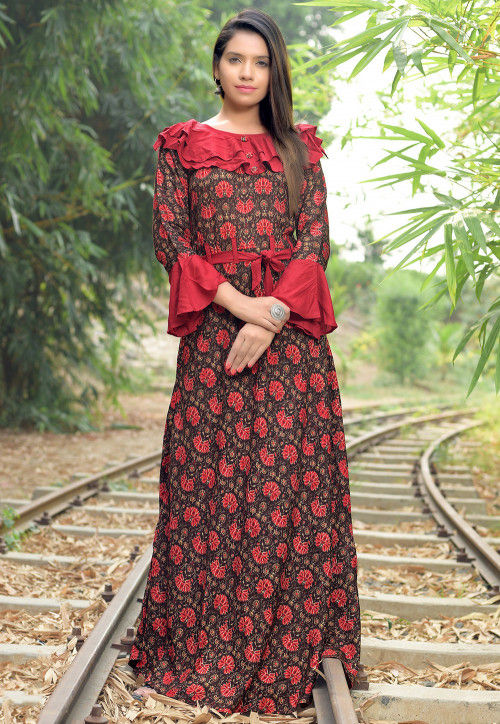 Buy Kalamkari Printed Rayon Long Kurta in Red and Black Online : TMM92 ...