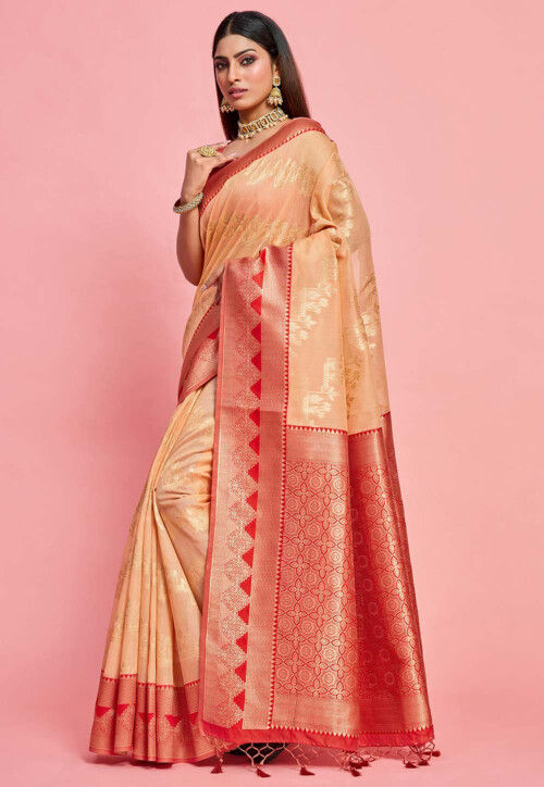 Kanchipuram Art Kanchipuram Linen Silk Saree in Peach
