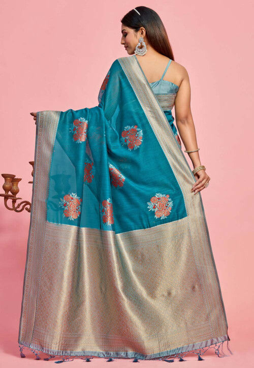 Turquoise Pure Kanchipuram Silk Readymade/Easy Saree