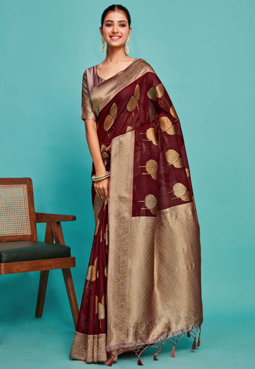 Kanchipuram Art Kanchipuram Linen Silk Saree in Wine
