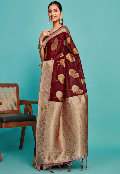 Kanchipuram Art Kanchipuram Linen Silk Saree in Wine