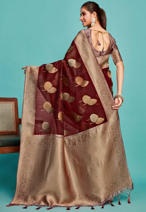 Kanchipuram Art Kanchipuram Linen Silk Saree in Wine