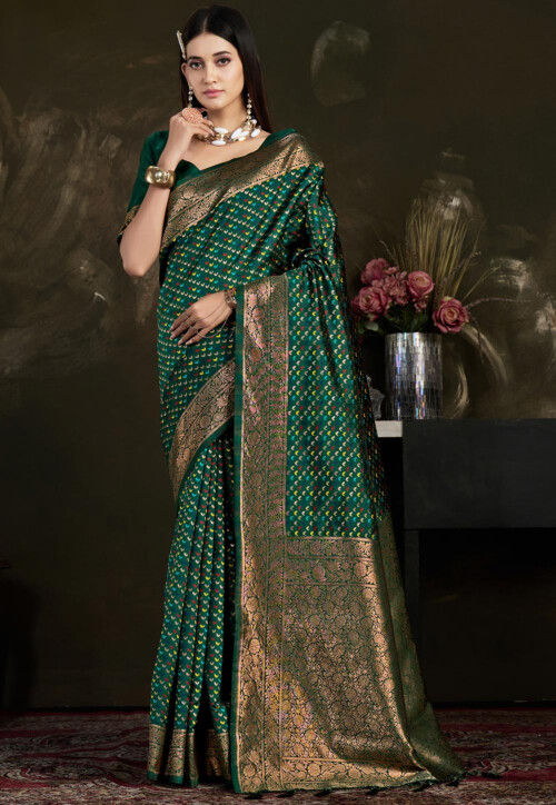 Pure Banarasi Silk Sarees Dark Green Colour, Wedding Wear | YOYO Fashion