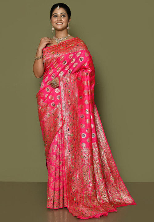 Kanchipuram Hand Embroidered Saree in Fuchsia