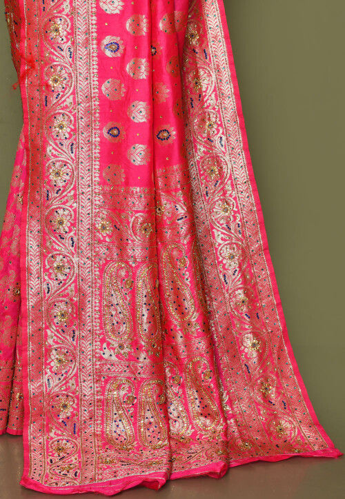 Kanchipuram Hand Embroidered Saree in Fuchsia
