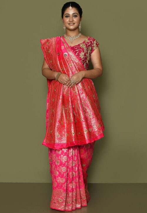 Kanchipuram Hand Embroidered Saree in Fuchsia