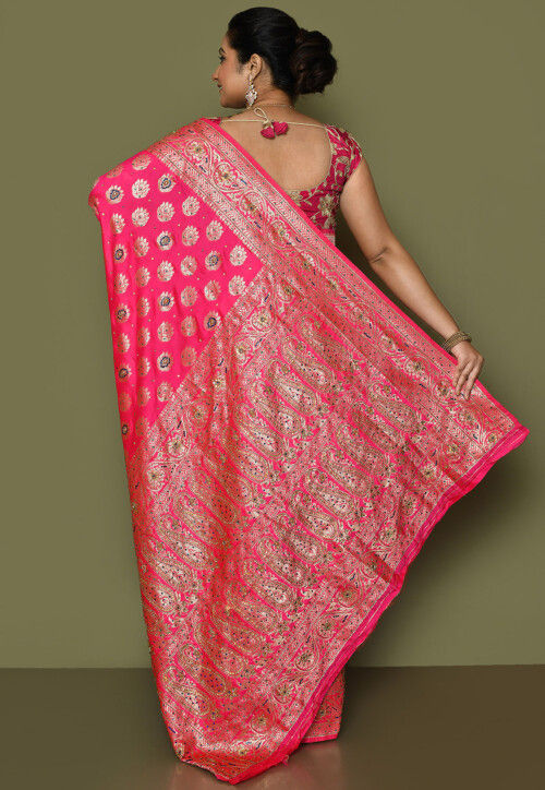 Kanchipuram Hand Embroidered Saree in Fuchsia
