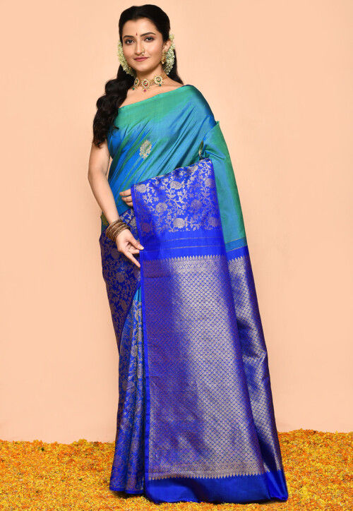 Kanchipuram Pure Silk Handloom Saree in Green and Royal Blue