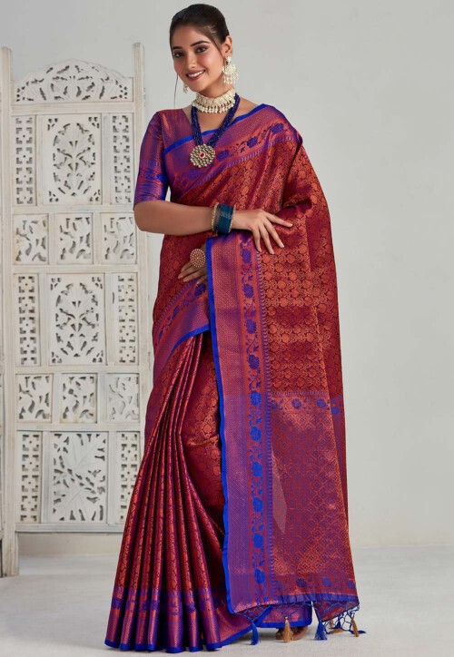 Dark Purple Saree In Silk Blend With Weaved Floral Motifs And Blouse P –  paanericlothing