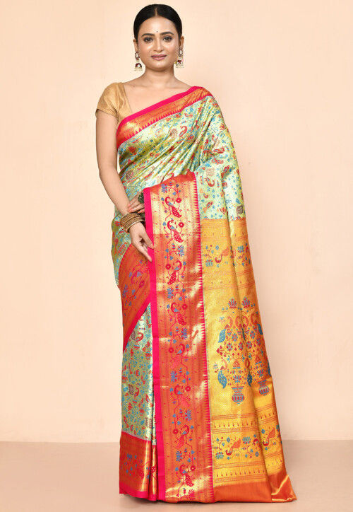 Kanchipuram Saree in Golden and Silver Dual Tone