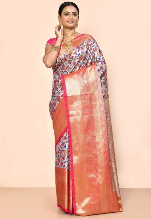 Kanchipuram Saree in Golden and Silver Dual Tone