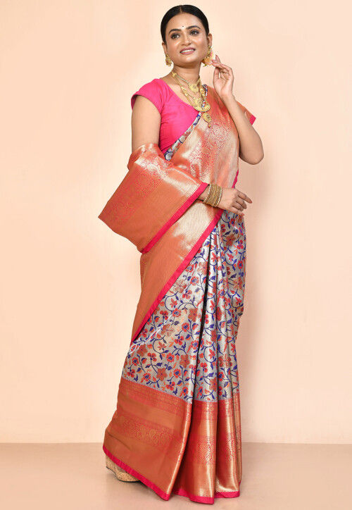 Kanchipuram Saree in Golden and Silver Dual Tone