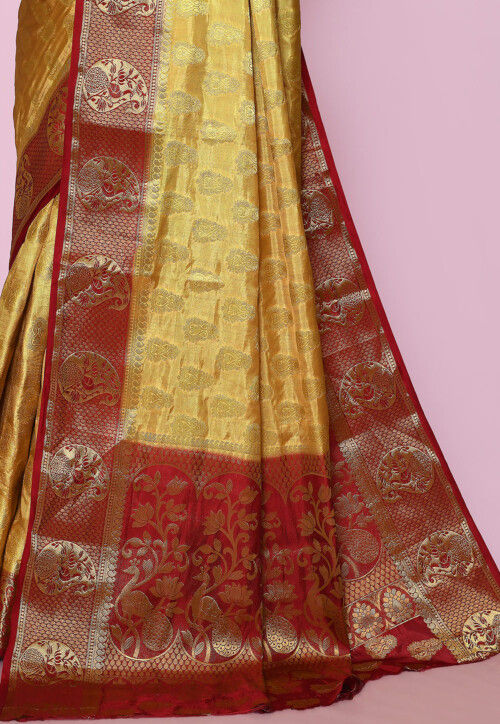 Golden Kanchipuram Saree With Turquoise Florals