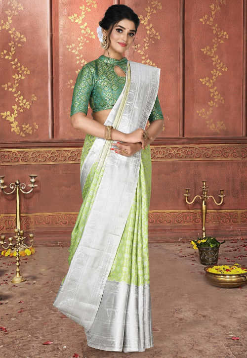 Teal Green Paithani Saree with Silver Border and self bhutti blouse Silk -  Pramo Clothing