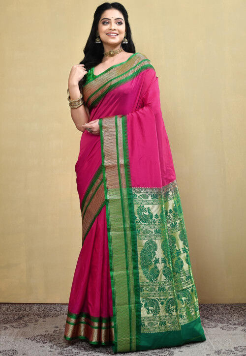 Pure Kanchipuram Silk Saree Magenta with designs all over the body and Copper Zari Border main image 1