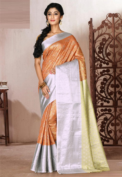 Buy Aura Orange Zari Woven Kanchipuram Silk Saree Online | Samyakk