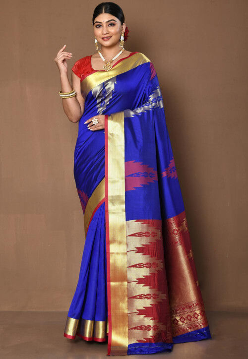 Firozi With Royal Blue Satin Silk Saree With All Over Floral Jacquard -  House of Begum's